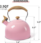 LONFFERY Tea Kettle, 2.5 Quart Whistling Tea Kettle, Tea Pots for Stove Top Food Grade Stainless Steel with Wood Pattern Folding Handle - Pink