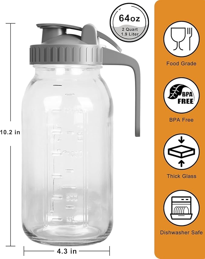 | 2 Pack | 64oz | Glass Pitcher with Lid Wide Mouth, 2 Quart (1.9 Liter) Mason Jar Pitcher with Lid and Spout, Leakproof Water Jug for Water, Juice, Tea, Iced Coffee, Milk Storage, Grey