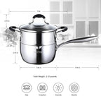 Tri-Ply Whole-Clad Stainless Steel Saucepan with Steamer,2.5 Qt Small Multipurpose Pot with Pour Spout,Strainer Glass Lid, 2 Quart Sauce Pan for Cooking with Stay-cool Handle.