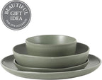 Gibson Elite Menlo Park 16-Piece Pottery Clay Stoneware Dinnerware Set – Green Reactive Glaze, Organic Shape Embossed Plates and Bowls W/Pasta Bowl, Service for 4 – Microwave & Dishwasher Safe