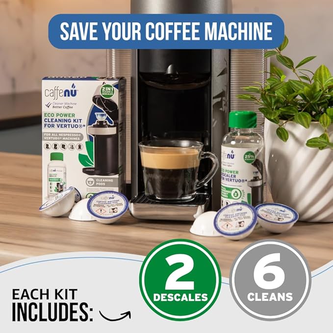 Caffenu Descaling Kit Compatible with Nespresso Vertuo, 2 Uses Descaling Solution and 6 Cleaner Pods. Removes Limescale & Cleans Pod Area. Better Tasting & Hotter Coffee. 4 Months Supply.