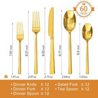 KINGSTONE Gold Silverware Set, 60-Piece Forged Flatware Set Cutlery Set Premium Stainless Steel, Service for 12, for Kitchen, Home, Wedding, Party, Mirror Polished and Dishwasher Safe