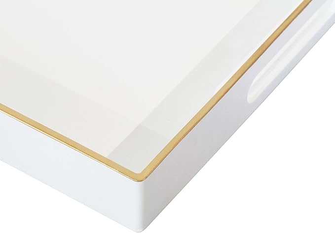 White Sturdy Acrylic Serving Tray with Handles-15.7x11.8Inch, Morden Plastic Rectangular Serving Tray for Coffee Table Bathroom, Ottoman, Home Decor