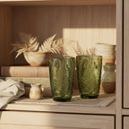 Green Drinking Glasses Set Of 4-12 Oz Hand Blown Vintage Drinking Glasses, Boho Aesthetic Antique Glassware, Colored Cute Glass Cups, Textured Highball Water Tumbler, Unique Retro Drinkware Gift