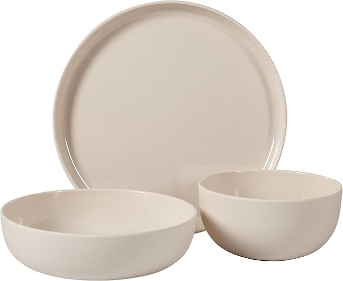 Gibson Home Candy Skies 12 Piece Unbreakable Wheat Straw Melamine Plates and Bowls Dinnerware Set - Outdoor, Camping, & Everyday Use - Matte Exterior/Shiny Interior Taupe Cream