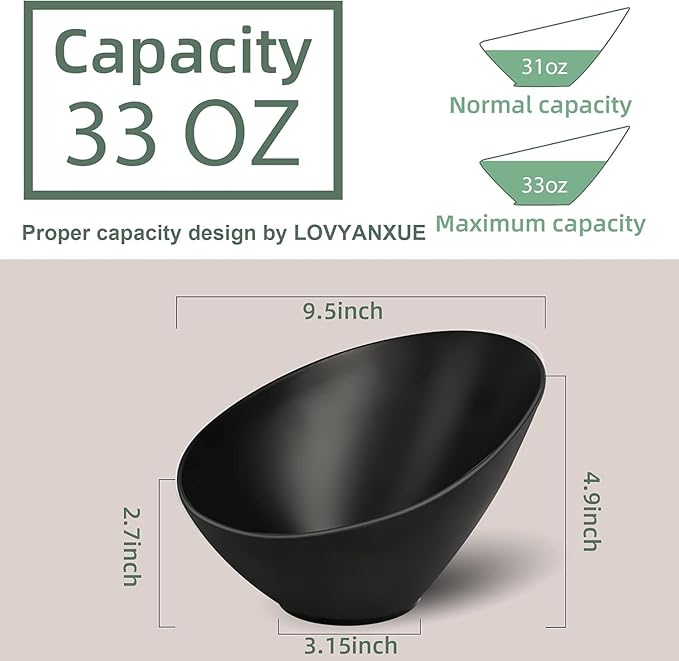 Bamboo Fiber Salad Bowls, 2 Packs Serving Black, Compostable 33 Ounce Elegant Black Angled Bowls for Salad, Pasta, Soup, Prep, Ideal for Home and Restaurant