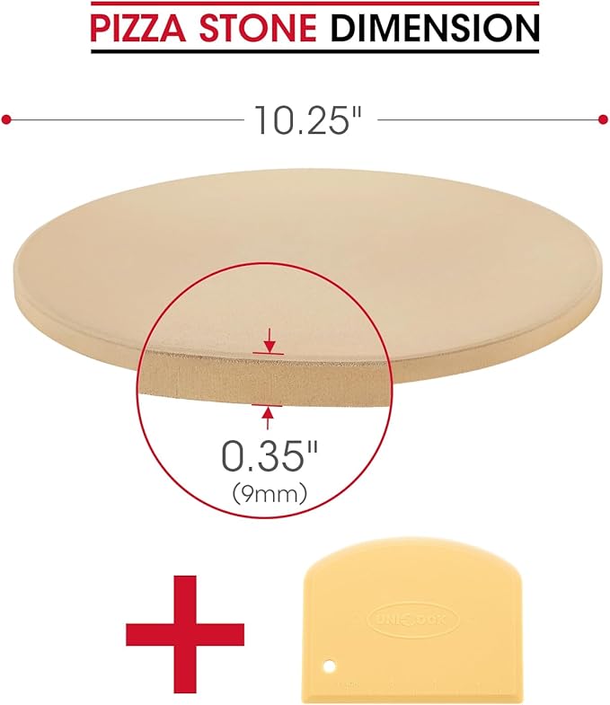 Unicook Small Pizza Stone 10.25 Inch for Oven and Grill, Round Baking Stone, Thermal Shock Resistant Cordierite Oven Pan with Plastic Dough Scraper, Ideal for Cooking Pizza, Bread