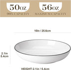 MALACASA 10" Large Pasta Bowls, 56 OZ White Salad Bowls Soup Bowls, Porcelain Serving Bowls Set of 4, Ivory White & Black Rim, Microwave & Dishwasher Safe, Series REGULAR