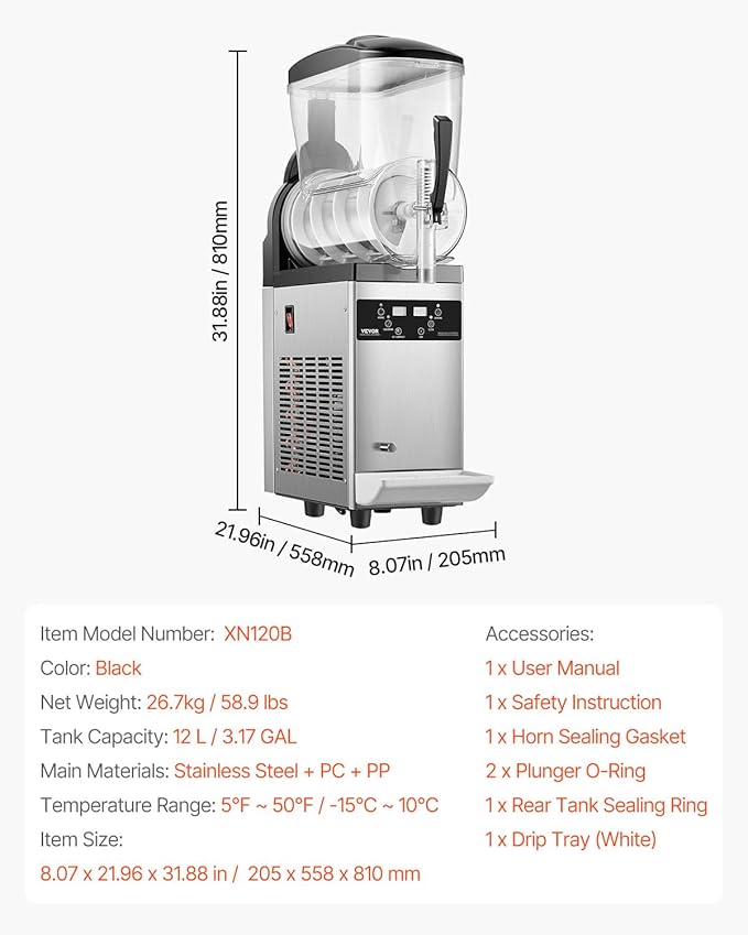VEVOR Commercial Slushy Machine, 12L Single Tank Frozen Drink Machine, 48 Cups Stainless Steel Margarita Smoothie Frozen Drink Maker, Slushie Maker for Home Party Restaurants Cafe Bars