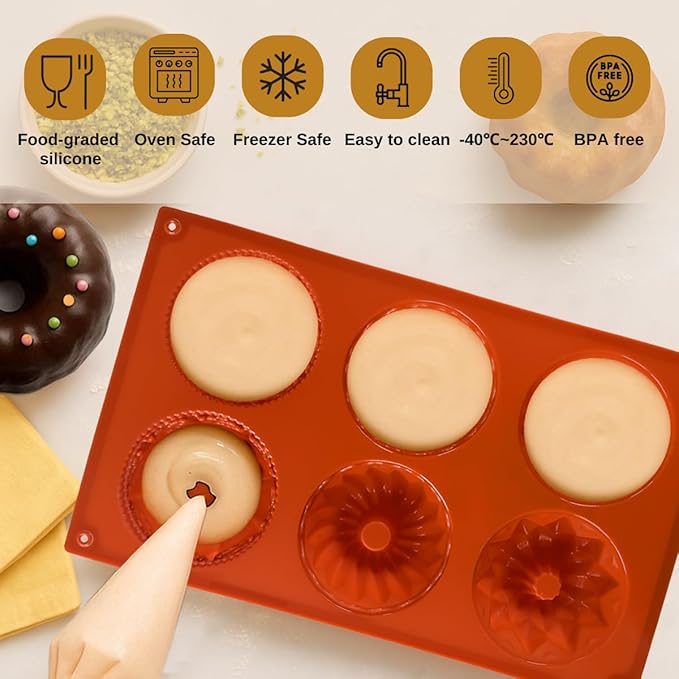 2PCS Mini Bundt Cake Silicone Pans, 6-Cavity Fluted Tube Cake Mold, Nonstick Baking Mold for Cupcake, Donut, Jelly, Brownie