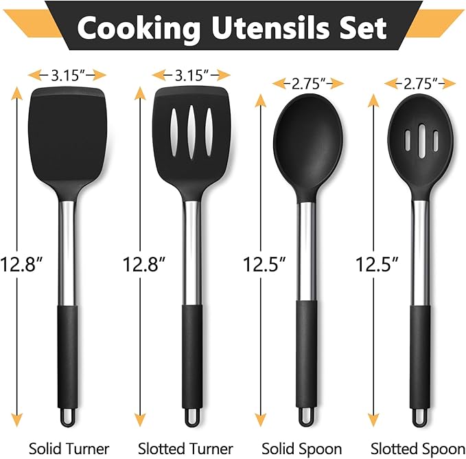 P&P CHEF Black Kitchen Cooking Utensil Set of 4, Silicone Solid Spatulas Slotted Spoons Turners for Non-stick Cookware Flipping Mixing, Heat-proof