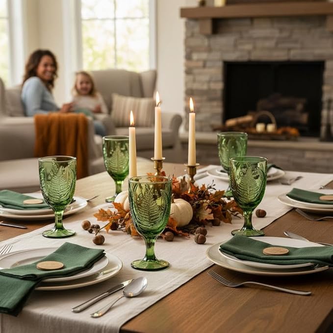 Green Glass Goblets Set of 4-10 oz Vintage Glassware Decorative Wine Glasses, Colored Cute Goblet Drinking Cups, Unique Textured Water Cup Sets, Colorful Aesthetic Pretty Drinkware Gifts