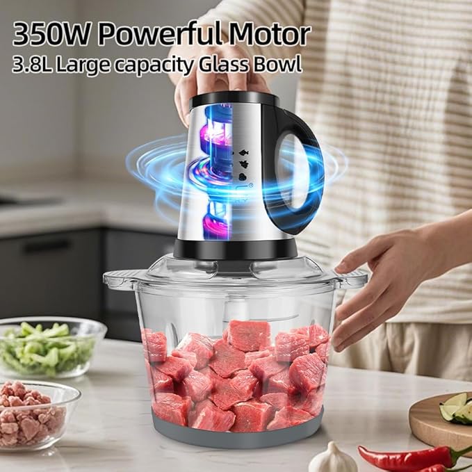 Large Food Processors,Meat Grinder Veggie Chopper with a Glass and a Stainless Steel Bowls,3 Speeds,2 pieces 6 Bi-Level Bladesand Spatula for Baby Food,Meat,Vegetables,Fruits(16+16 CUP)