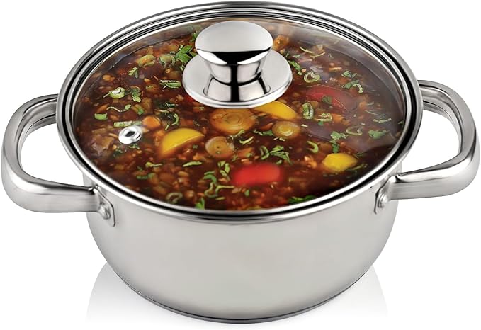 MARBELLA 4 Quart Stainless Steel Stockpot with Glass Lid – Heavy Duty Casserole for Stew, Soup, Induction, Gas & Dishwasher Safe (Silver)