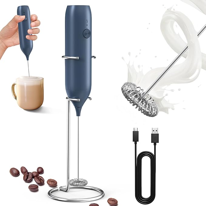 CIRCLE JOY Rechargeable Milk Frother Handheld with Stand, Coffee Frother Wand Drink Mixer with Dual Spring Whisk for Coffee, Cappuccino, Lattes, Frappe, Matcha and Hot Chocolate, Blue