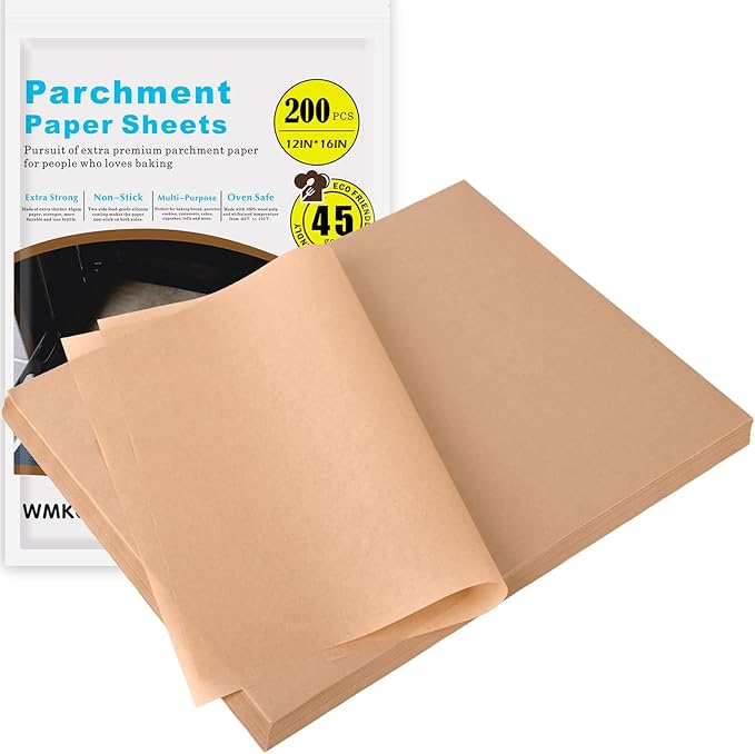 WMKGG 200Pcs Unbleached Parchment Paper for Baking, 12 x 16 Inch Precut Heavy Duty Parchment Paper Sheets for Cooking, Grilling, Air Fryer and Oven