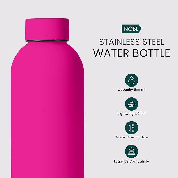 NOBL Stainless Steel Water Bottle,17 oz, 500 ml, Double Wall Vacuum Insulation, Sealed Bottle Keeps Drinks Cold 24 Hrs & Hot 12 Hrs, Leak Proof, Fits Noble Carry-On Cup Holder - Hot Pink