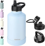 64oz Insulated Water Bottle with Straw, Half Gallon Stainless Steel Vacuum Water Jug, Large Thermal Water Bottle Flask with Leakproof 3 Lids for Travel, Camping, Gym Sports Light Blue