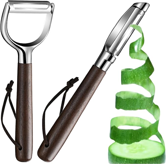 Premium Vegetable Peeler Set - Stainless Steel Y-shaped & I-shaped Peelers with Ergonomic Non-Slip Wood Handle and Hanging Loop for Fruits, Carrot,Veggie, Potatoes & Kitchen Use (2-Piece)