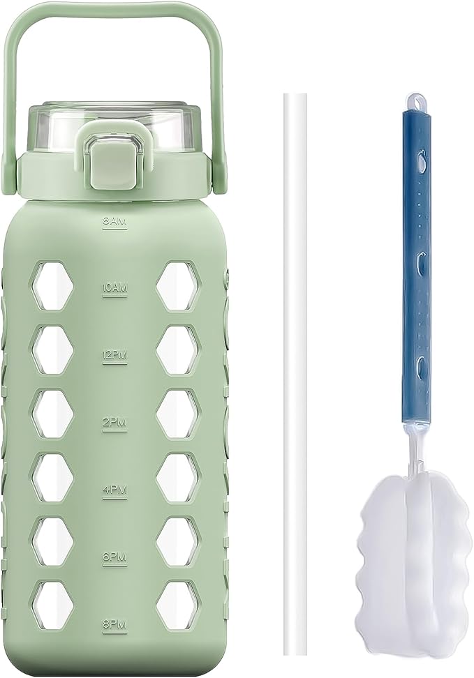 MUKOKO Half Gallon/64 oz Glass Water Bottles with Straw and Lid,Motivational Water Jug with Time Marker Reminder and Silicone Sleeve,100% Leakproof BPA Free Fitness Sports Large Bottle-Green