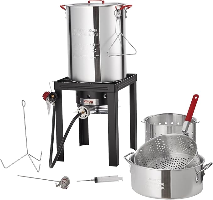 VEVOR Turkey Deep Fryer, 30-qt Turkey & 10-qt Outdoor Aluminum Seafood Boiling Kit, Fish Steamer Cooker Set, 54,000 BTU Burner Propane Gas Boiler, Gifts for Thanksgiving Day
