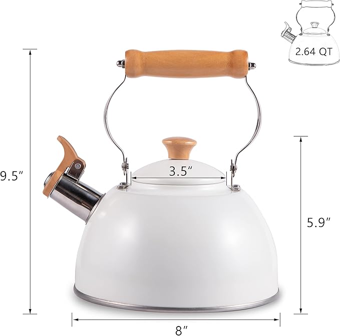 ROCKURWOK Tea Kettle, Tea Pot with Cool Touch Ergonomic Handle, Teapot Food Grade Stainless Steel, Tea Kettle Stovetop, Kettle Teapot, Whistling Tea Kettle, Tea Pot, 2.7 Quart (White)