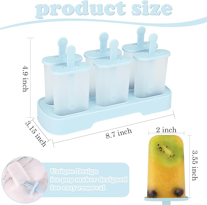 WMKGG Popsicles Molds Set, 6 PCS Ice Pop Mold,Homemade Ice Cream Mould with Sticks, Popsicle Maker(Blue)