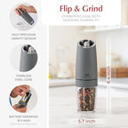 Urban Noon Gravity Salt and Pepper Grinder Set - Battery Operated Electric Grinders with Light (2 Matte Gray Mills) - Automatic One Handed Operation - Electronic Adjustable Shakers - Ceramic Grinders