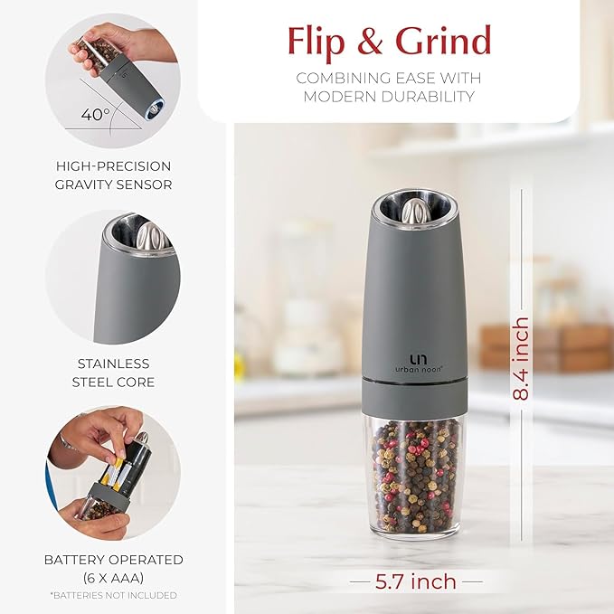 Urban Noon Gravity Salt and Pepper Grinder Set - Battery Operated Electric Grinders with Light (2 Matte Gray Mills) - Automatic One Handed Operation - Electronic Adjustable Shakers - Ceramic Grinders