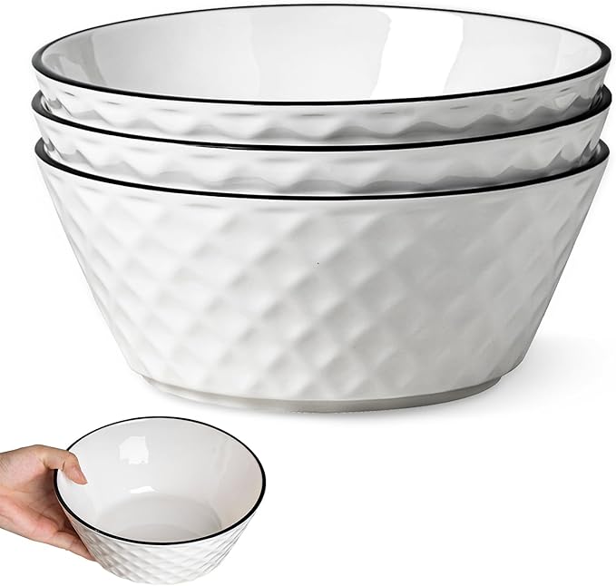 Yeacccng Deep Soup Bowls Set of 3, 46oz Large Cereal Bowls, Large Soup Bowl for Kitchen, 8 inch Diamond Pattern Decorative Bowls, Dishwasher & Microwave Safe, Scratch-Resistant, Lead-Free, Easy Clean