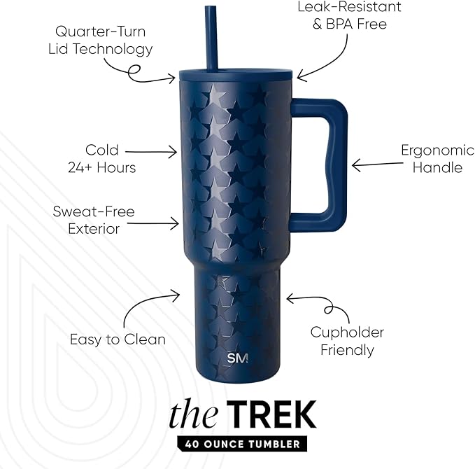 Simple Modern 4th of July 40 oz Trek Tumbler with Handle and Straw Lid | Cup Holder Friendly Insulated Stainless Steel Travel Mug | Stars Navy