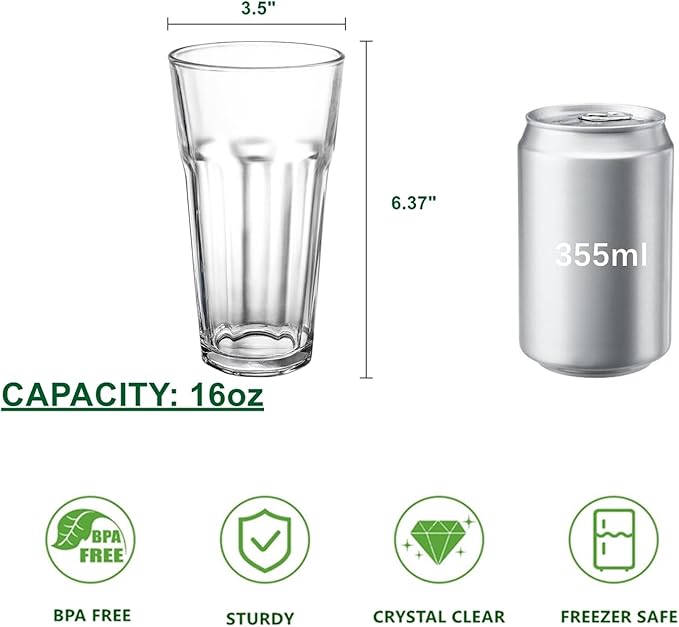 Yopay Set of 6 Drinking Glasses 16oz, Thick Tempered Water Glasses, Lead-Free Highball Pint Clear Iced Hot Tea Glassware for Juice, Beer, Cocktails Milkshake, Soda Tumbler