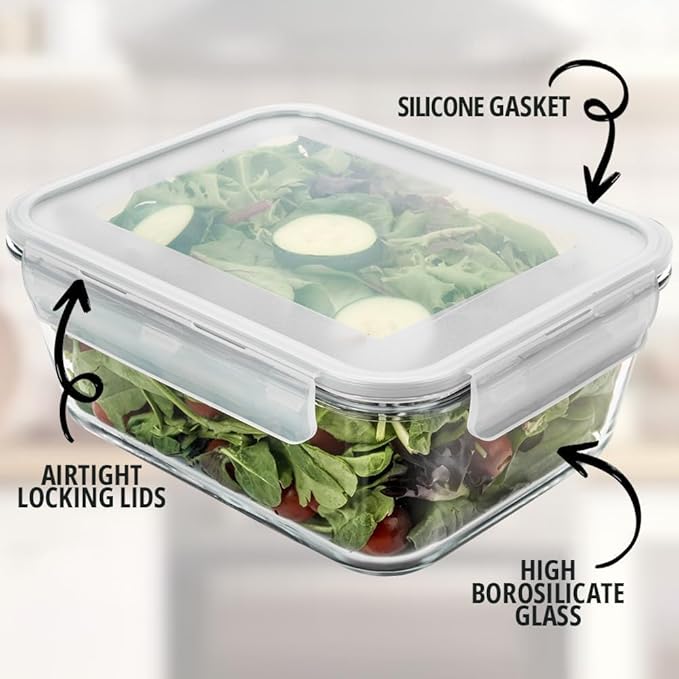 Razab 3300 ml / 112 oz Large Glass Food Storage Containers with Lids, Airtight, Leakproof, BPA Free - Ideal for Meal Prep, Store Leftover & Lunch, Baking Casserole - Freezer, Microwave & Oven Safe