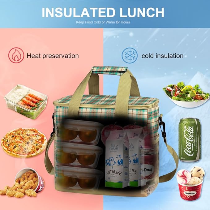 Iknoe Large Cooler Bag Collapsible 24 Can, Insulated Bags Leakproof Lunch Cooler Tote with Multi-Pockets for Adult, Insulated Lunch Box for Beach, Picnic, Work Khaki Lattice