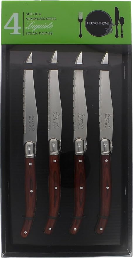 French Home Laguiole 4-Piece Steak Knife Set – Sophisticated Stainless Steel Dinner Knives with Pakkawood Handles & Iconic Bee Emblem – Serrated Knives for Smooth Cutting (9.25")