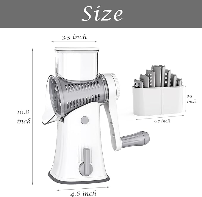 Ourokhome Rotary Cheese Grater Shredder, Multifunction 5 in 1 Kitchen Manual Speed Round Mandolin Food Slicer Vegetable Shooter Potato Hashbrown Grinder for Nut, Carrot, Radish, Cucumber, White