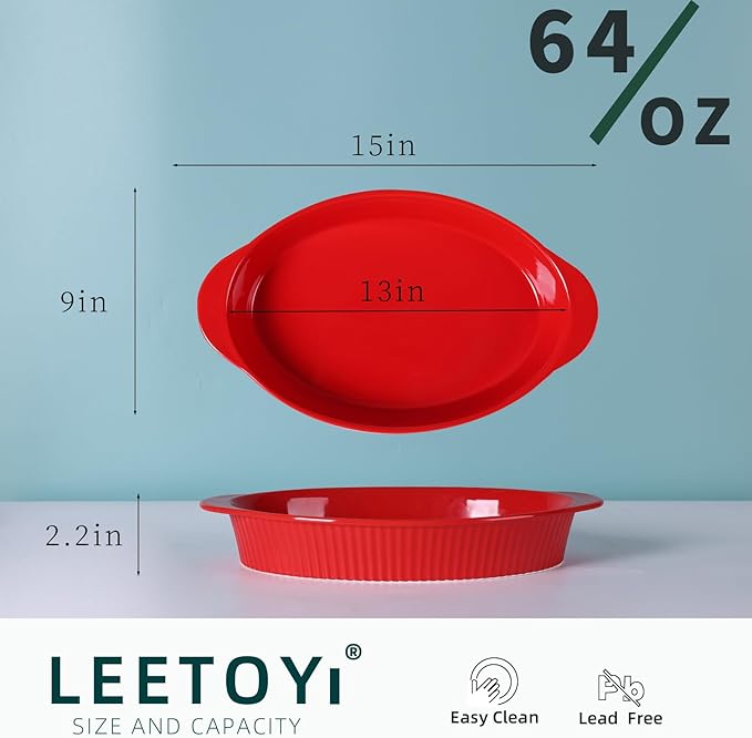 LEETOYI Porcelain 9x13 Large Oval Au Gratin Pans,Baking Dish for Servings, Bakeware with Double Handle for Kitchen and Home (Red)
