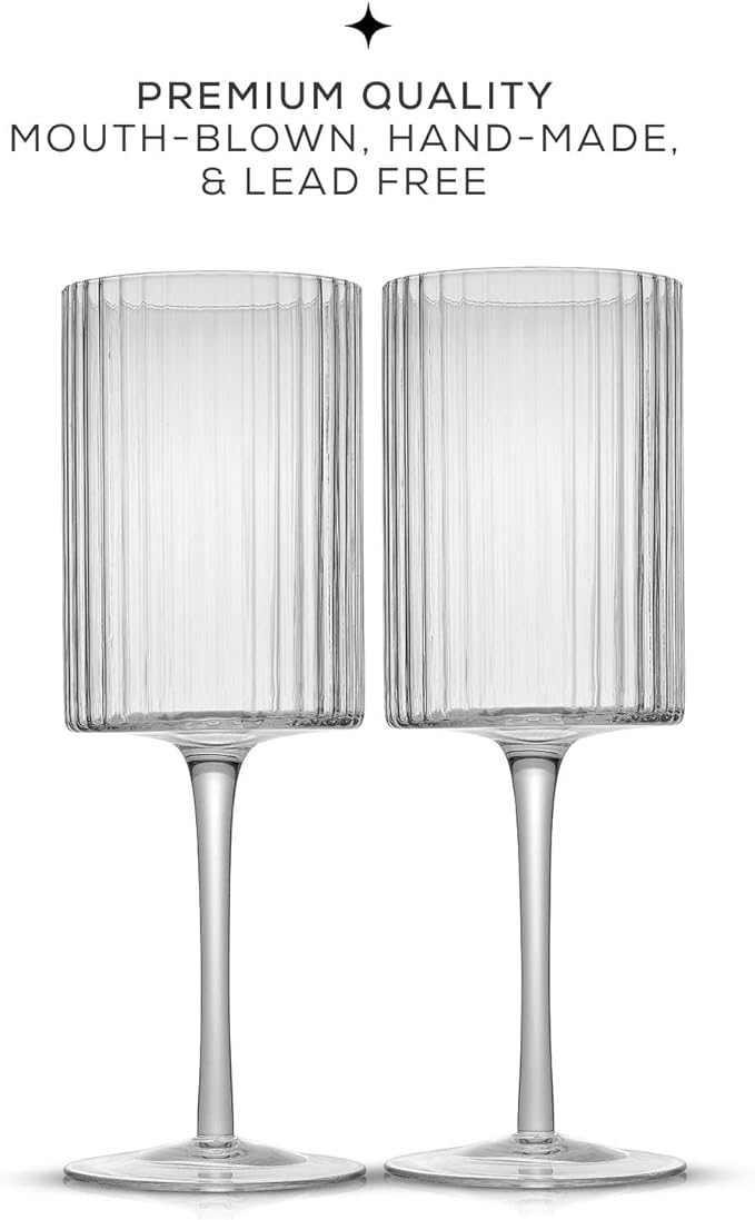 JoyJolt Elle Fluted Wine Glasses, 17.5oz Red Wine Glass Set of 2, Unique Stemmed Glass, Big Long Stem Cocktail Vintage Style Drinking Glasses