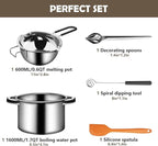 Artcome 5pcs Double Boiler Melting Pot Set - 600ML/0.6QT Chocolate Melting Pot, 1600ML/1.7QT Stainless Steel Pot, Decorating Spoons, Silicone Spatula and Dipping Tool for Melting Chocolate, Candy, Wax