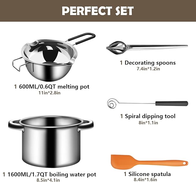 Artcome 5pcs Double Boiler Melting Pot Set - 600ML/0.6QT Chocolate Melting Pot, 1600ML/1.7QT Stainless Steel Pot, Decorating Spoons, Silicone Spatula and Dipping Tool for Melting Chocolate, Candy, Wax