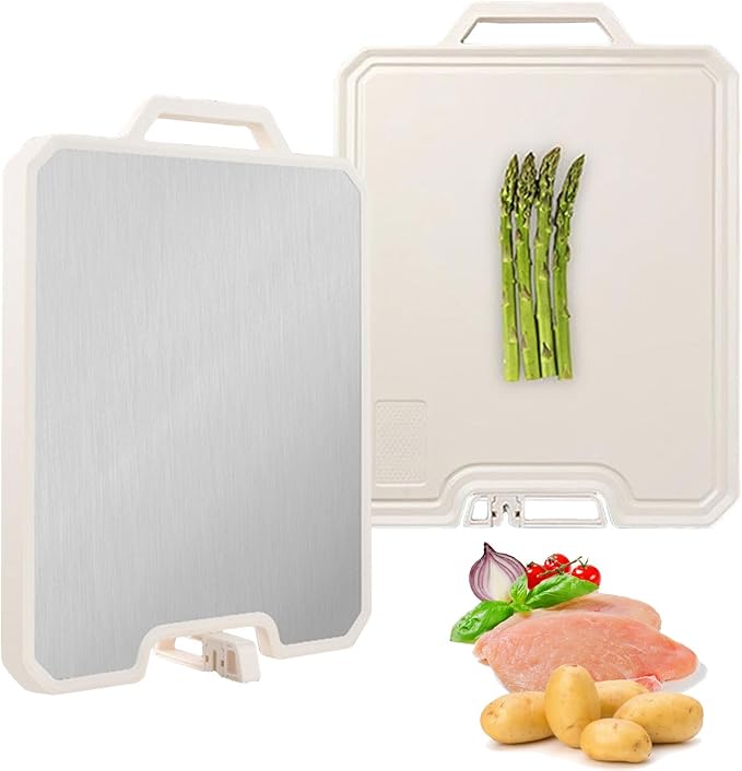 Large Cutting Boards Double Sided, 16.3'' x 12.5'' 304 Stainless Steel Cutting Board for Kitchen, Food-Grade Wheat Straw PP Large Chopping Board, Chopping Boards for Kitchen