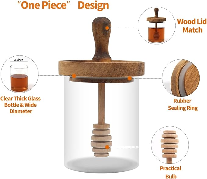 Honey Jar with Dipper and Lid - Glass Honey Pot with An Extra Wooden Dipper Stick, Home Kitchen Honey Containers Holder with Wider Diameter to Store Honey and Syrup, Airtight 13.5 oz