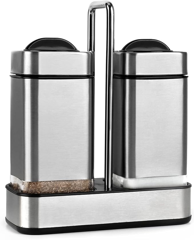 Salt and Pepper Shakers Set with Holder-Stainless Steel Salt Shaker with Adjustable Pour Holes-Set of 2 by Aelga