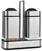 Salt and Pepper Shakers Set with Holder-Stainless Steel Salt Shaker with Adjustable Pour Holes-Set of 2 by Aelga