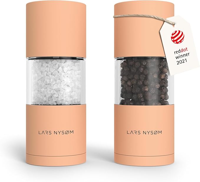 LARS NYSØM Salt and Pepper Grinder Set I Salt and Pepper Mills with Adjustable Ceramic Grinder 2 pieces I Manual Design Spice Mill Set (Creamy Peach)