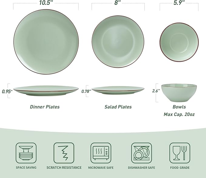Famiware Venus Ceramic Plates and Bowls Sets, Speckled Dinnerware Dish Sets for 8 (24 Pieces) - Microwave and Dishwasher Safe, Matte Light Green