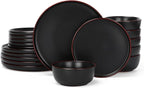 Famiware Mercury Plates and Bowls Sets, 18 Pieces Stoneware Dinnerware Sets, Dishes Set for 6, Microwave and Dishwasher Safe, Matte Black