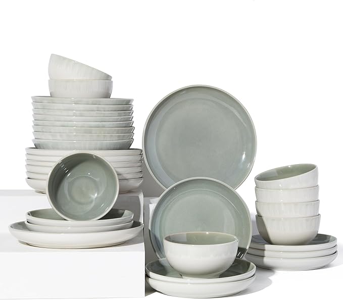 32 Piece Double Bowl Dinnerware Sets with Pasta Bowls, Highly Chip and Crack Resistant Plates and Bowls Sets, Natural Earthyware Ceramic Dishware Sets, Service for 8 Gradient Green