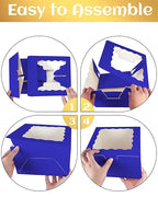 qiqee 10x10x5 Cake Box, 18 Sets Gemstone Blue Cake Box with Window ＆ 18 Sets 10" Gemstone Blue Cake Round Boards, 10inch Cake Containers