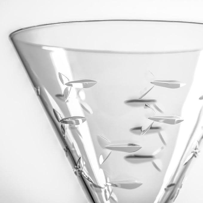 Rolf Glass School of Fish Martini Glass | Stemmed 7.5 oz. Martini Glasses | Lead-Free Glass | Diamond-Wheel Engraved Cocktail Glasses | Made in the USA (Set of 4)
